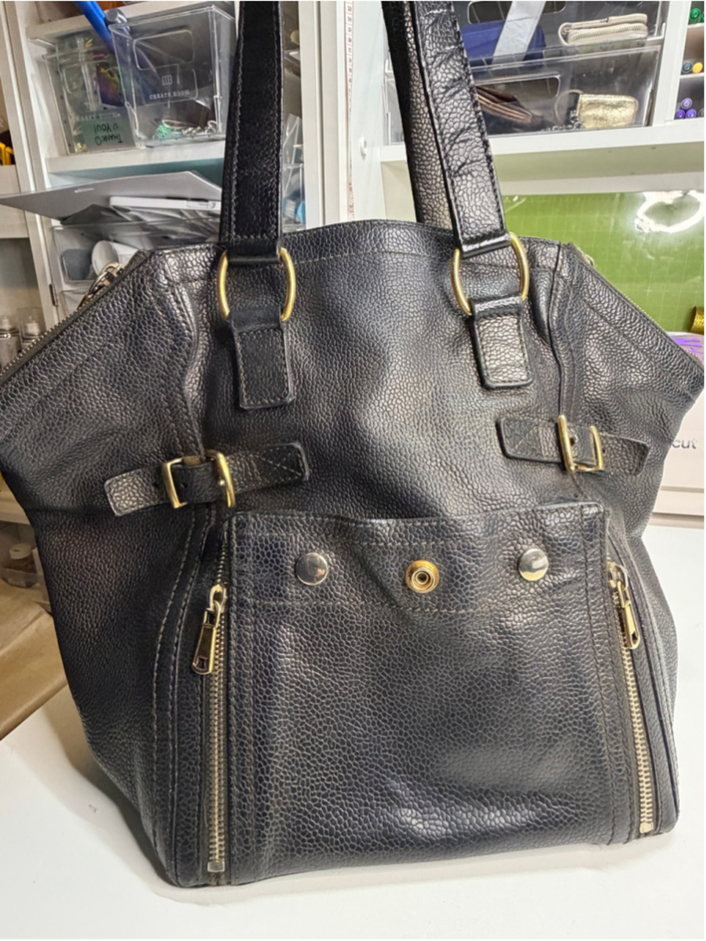 Women's Yves Saint Laurent Black Gold Leather Tote Bag One Size